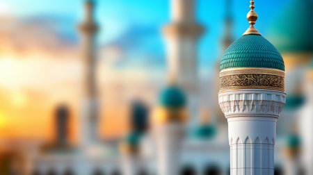 3d illustration of a mosque with blue dome and minaretsの素材