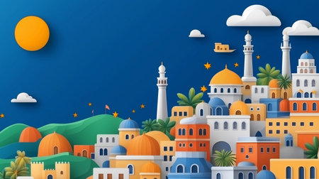 Ramadan Kareem background with mosque and mosque. Paper art style. Vector illustration.の素材