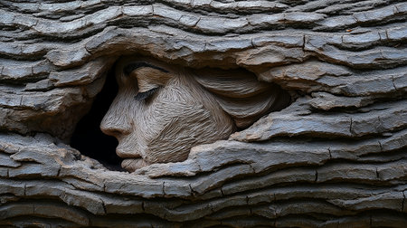 The head of a monkey in the hollow of an old tree.の素材