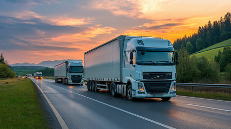 Trucks on the road at sunset. Transport and logistics conceptの素材