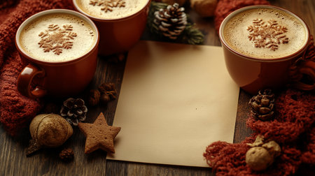 Cappuccino with christmas decoration on wooden background, copy spaceの素材