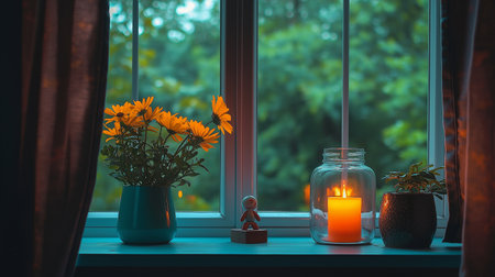 Flowers in a vase and burning candle on the windowsillの素材
