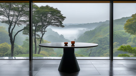 Empty round table and coffee cup on wooden floor in modern living room with foggy view.の素材