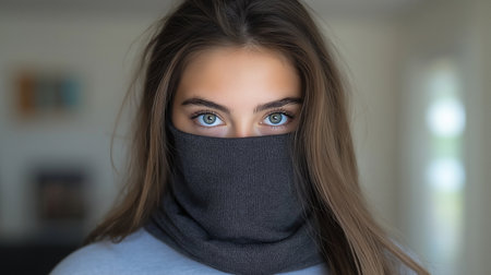 Close up portrait of a beautiful young woman with blue eyes and black scarfの素材
