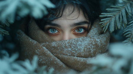Beautiful young woman in the winter forest. Winter portrait of a girl.の素材
