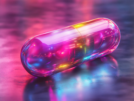 Closeup of a pill on a reflective surface. 3D renderingの素材