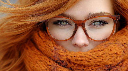 Close up portrait of a beautiful redhead girl wearing glasses and scarfの素材