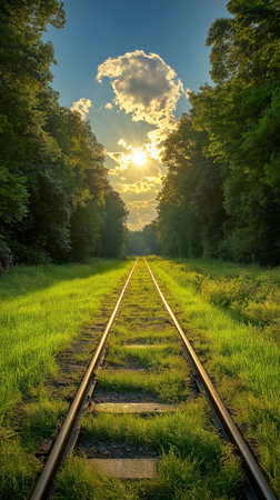 Railway tracks in the forest at sunrise. Beautiful summer landscape.の素材