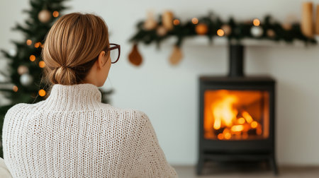 Young woman in sweater near fireplace at home, back view. Christmas celebrationの素材