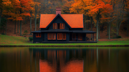Wooden house on the lake in the autumn forest with reflection.の素材