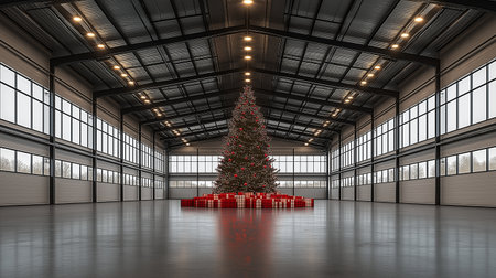 3d rendering of christmas tree and gift boxes in industrial warehouseの素材