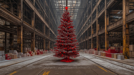 3D rendering of a christmas tree in a industrial warehouse.の素材