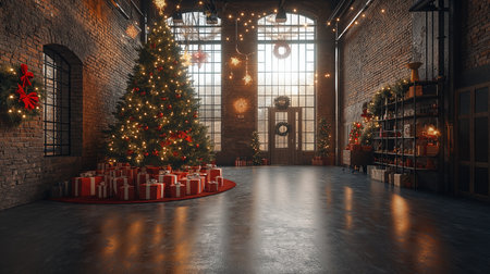 3D rendering of a vintage loft interior with a Christmas tree and presentsの素材