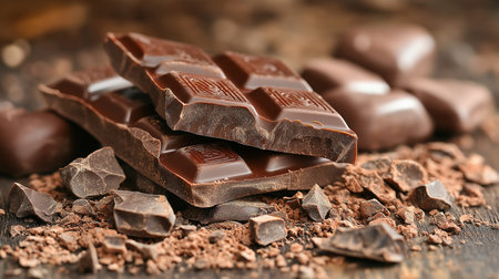 Pieces of chocolate with cocoa powder on wooden table, closeupの素材