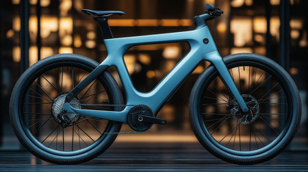 Blue mountain bike on the background of the night city. 3d renderingの素材