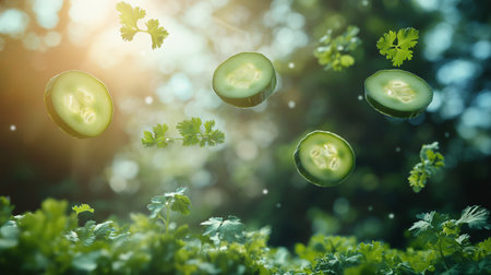 Cucumber slices flying in the air. Fresh green vegetable backgroundの素材