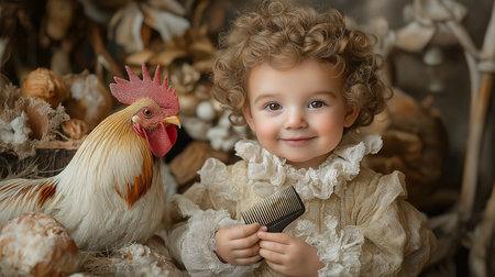 Cute little girl with a rooster in her hands and a combの素材