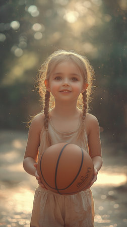 Little girl with basketball ball in the park. Sport and recreation.の素材