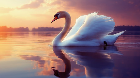 Beautiful white swan swimming on the lake at sunset. Nature composition.の素材