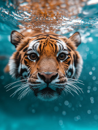 Portrait of a tiger in the water, close-up.の素材