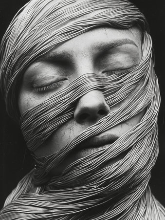 Portrait of a girl with a long hair. Black and white photo.の素材