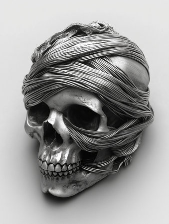 Human skull with dreadlocks. Black and white image. 3d illustration.の素材