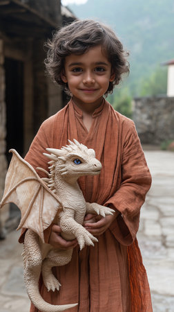 Portrait of a little girl with a dragon in the streets of Kathmandu in Nepalの素材