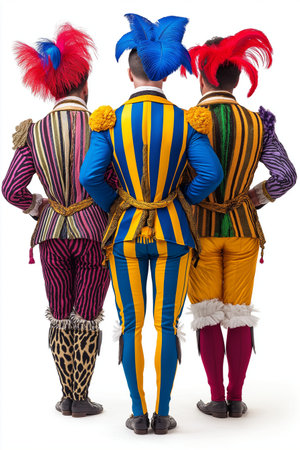 Group of three clowns in colorful costumes standing back to back on white backgroundの素材