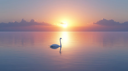 Beautiful sunset on the lake with a white swan in the waterの素材