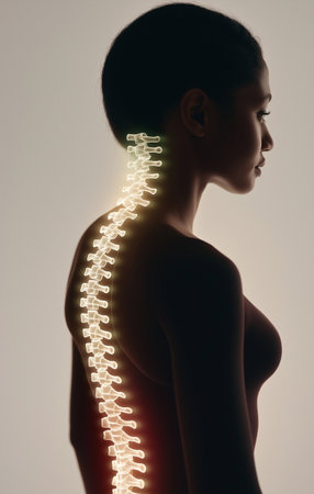 Digital composite of highlighted spine of woman with back pain against grey backgroundの素材