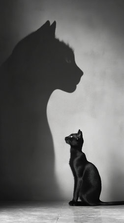 Silhouette of black cat with shadow on gray wall background.の素材