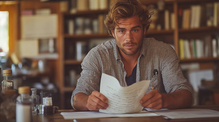 Portrait of handsome young man writing notes while sitting at desk in officeの素材