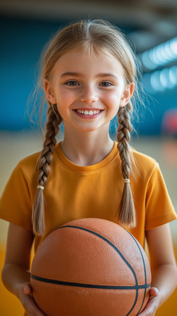 portrait of smiling little girl with basketball ball at sport school gymの素材
