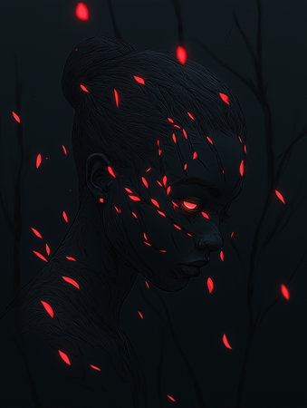 Fantasy portrait of a beautiful girl with red light on her faceの素材