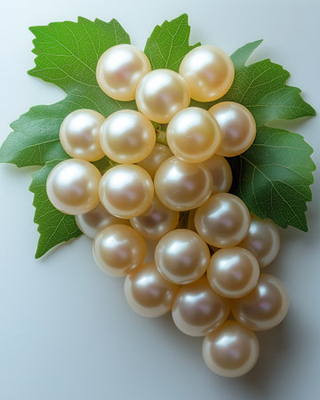 White pearls and green leaves on a white background, top viewの素材