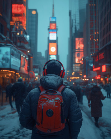 A man listens to music with headphones in Times Square.の素材