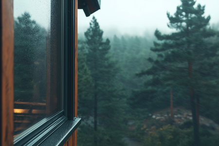 Rainy day in the forest. Rain drops on the window.の素材