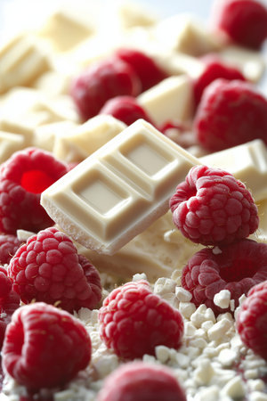 White chocolate with raspberries, close-up, shallow dofの素材