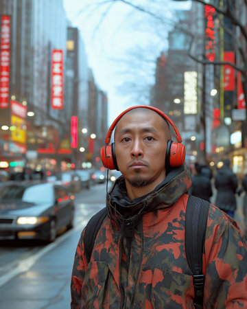 Asian man listening to music with red headphones in a city street.の素材