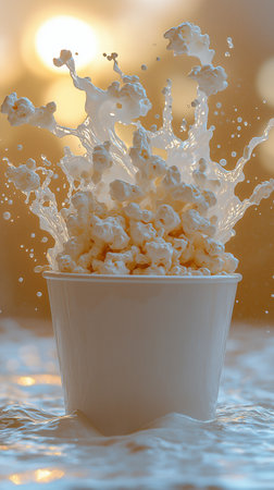 Popcorn in a white cup splashing out of the glass.の素材