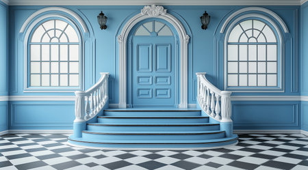 Classic blue room interior with stairs and blue walls. 3d renderingの素材