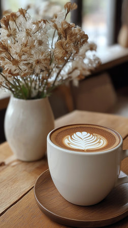 A cup of coffee latte art on wooden table in coffee shopの素材