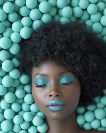 Close up portrait of african american woman with turquoise balls.の素材