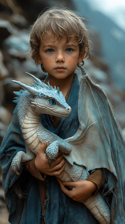 Portrait of a little boy with a dragon in his hands.の素材