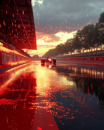 Reflection of the sun in the water during the rain at the stadiumの素材