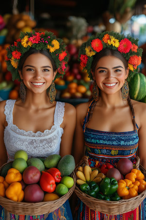 Portrait of two beautiful young women with fresh fruits and vegetables.の素材