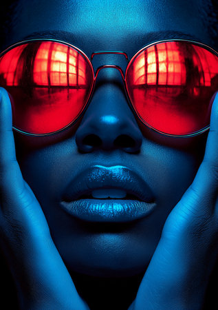 Close up portrait of a beautiful african american woman with red sunglassesの素材