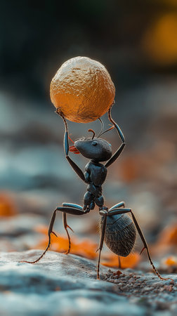 Ant carrying a tangerine on his back, close-upの素材