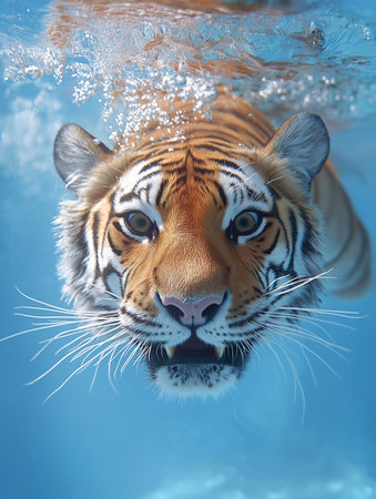 Tiger swimming in the water and looking at the camera. 3d renderingの素材