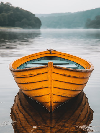 Boat on the lake in the morning with fog in the backgroundの素材